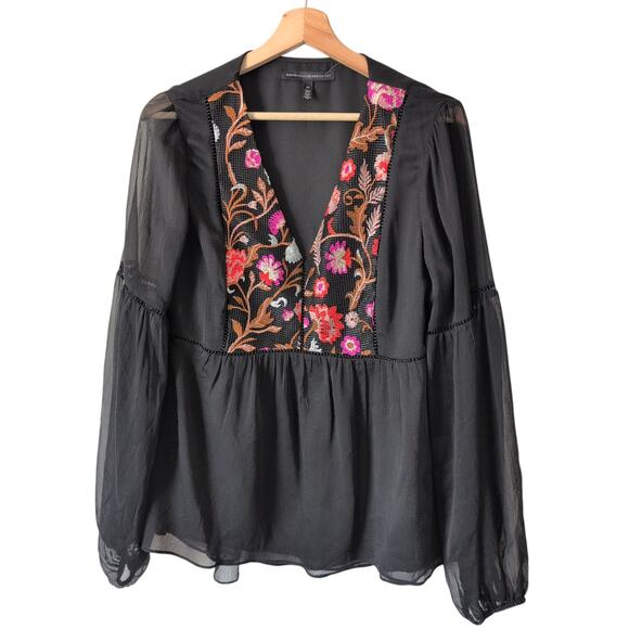WHBM Peplum Top Blouse Long Sleeve Chiffon Embroidered Bishop Empire Size 10 - Picture 4 of 11
